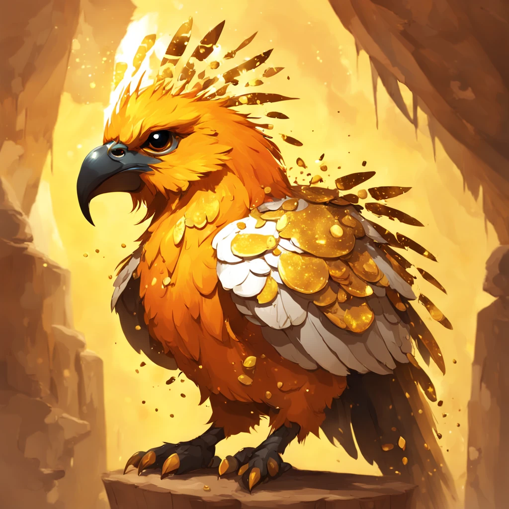 Lapidary which is Taken from the nest almost as soon as it breaks through its shell this quasigriff is pampered and preened as befits a creature sacred to Auriel Its golden feathers splatter orange and gold in splatter art style