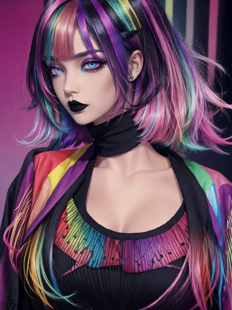 1girl, solo, goth ,short messy hair with long sides, short hair, black lips, eyeshadow, mascara, color: spectrum, vivid colors, ...