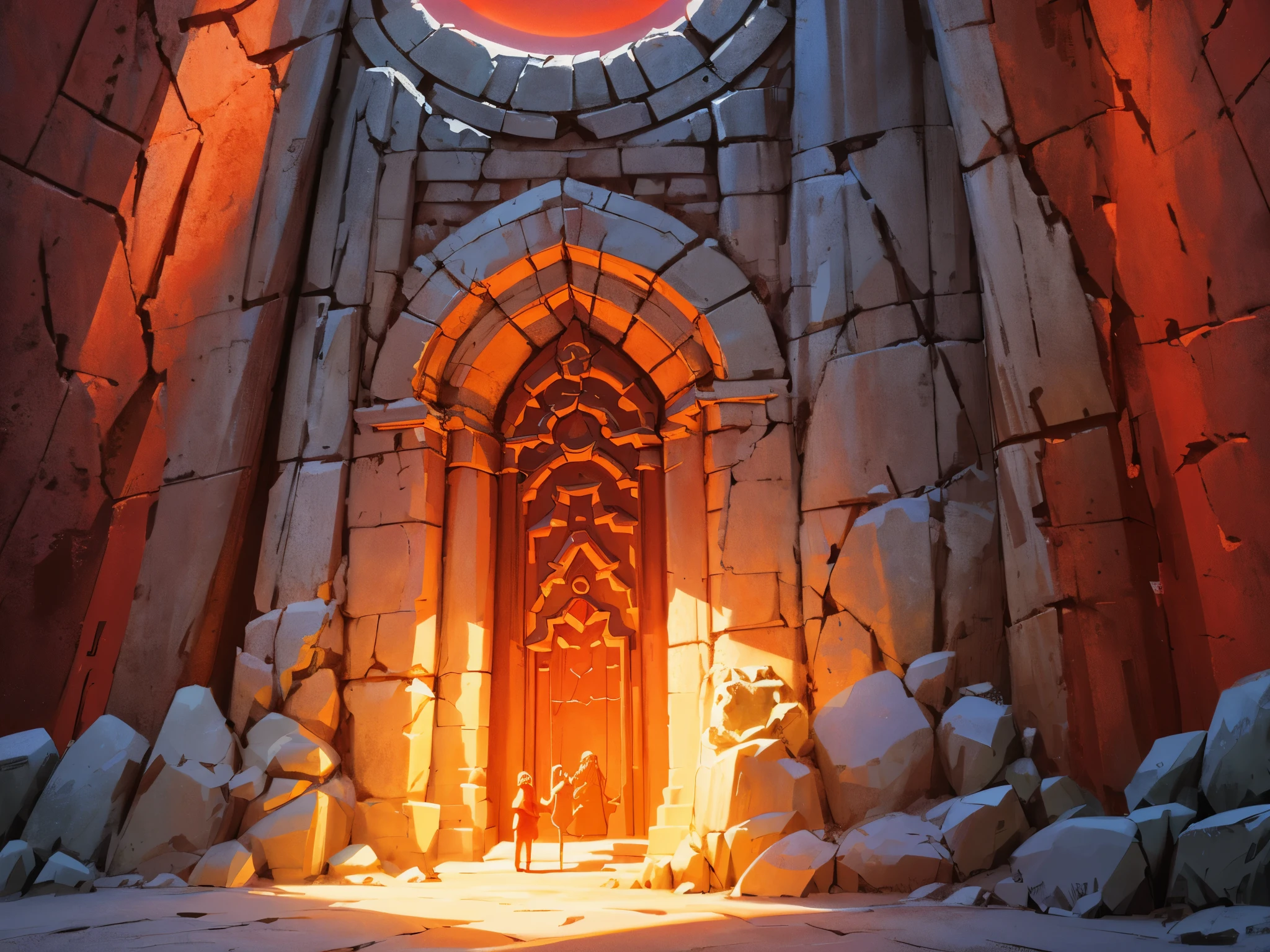 visual novel cg, stone wall reliefs, statues of the sun god and the moon goddess, stonework, etched into a stone chamber, religious artifacts, red sky, dark portal above, extremely detailed, high quality