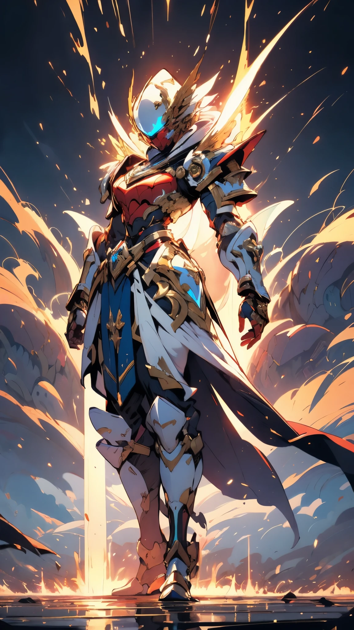 A woman adorned in fantasy-style full-body armor, a crown-concept fully enclosed helmet that unveils only her eyes, a composite layered chest plate, fully encompassing shoulder and hand guards, a lightweight waist armor, form-fitting shin guards, the overall design is heavy-duty yet flexible, ((the armor gleams with a golden glow, complemented by red and blue accents)), exhibiting a noble aura, she floats above a fantasy-surreal high-tech city, this character embodies a finely crafted fantasy-surreal style armored hero in anime style, exquisite and mature manga art style, (mixture of Queen bee and Spider concept Armor, plasma, blood), ((Element, energy, elegant, goddess, femminine:1.5)), metallic, high definition, best quality, highres, ultra-detailed, ultra-fine painting, extremely delicate, professional, anatomically correct, symmetrical face, extremely detailed eyes and face, high quality eyes, creativity, RAW photo, UHD, 32k, Natural light, cinematic lighting, masterpiece-anatomy-perfect, masterpiece:1.5