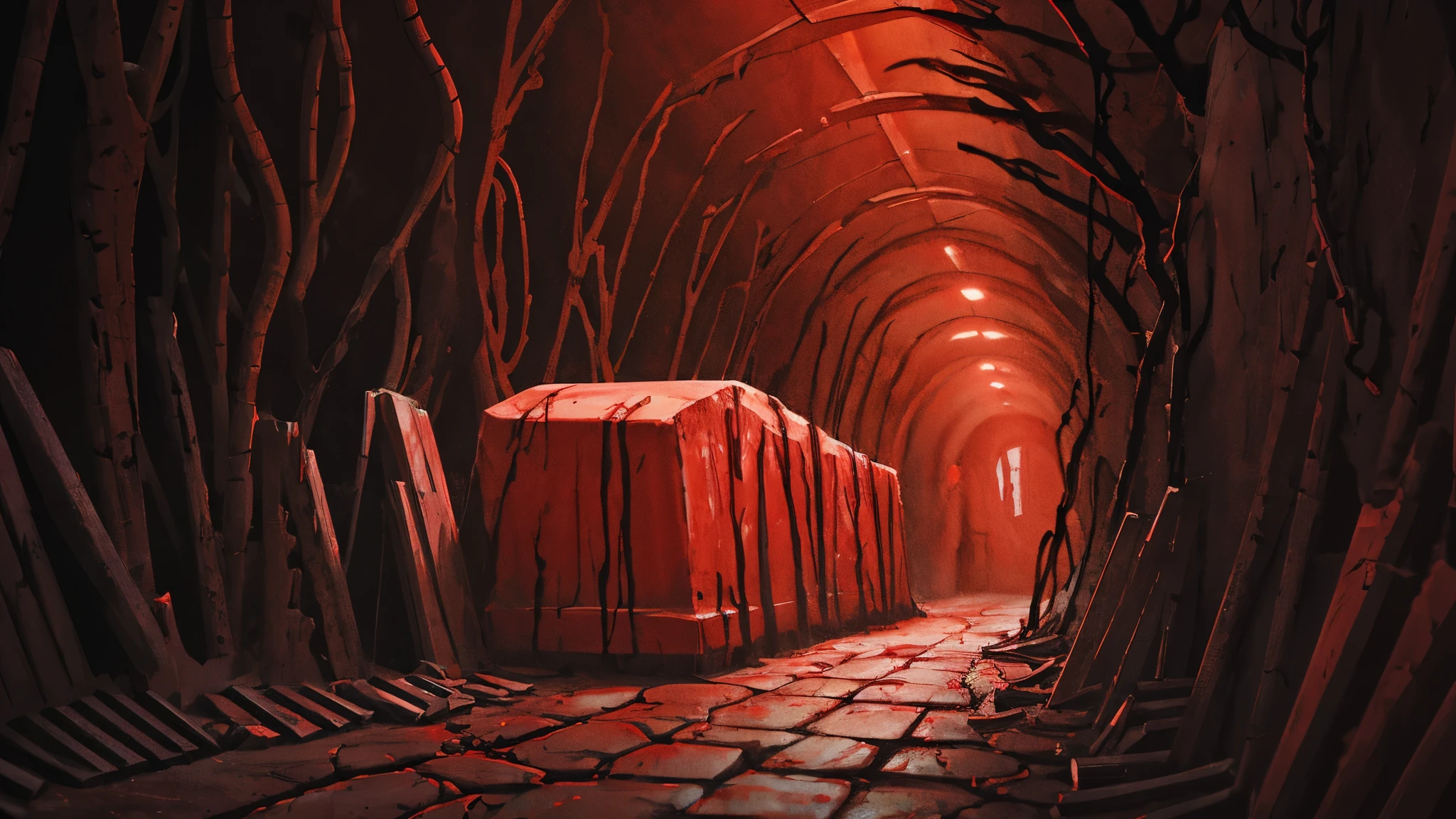 visual novel background, dark damp chamber, red ambiance, crypt, coffins face up on ground scattered, broken cracked floors, blood splatters on ground, a tunnel going deeper ahead, urns on ground, extremely detailed, high quality