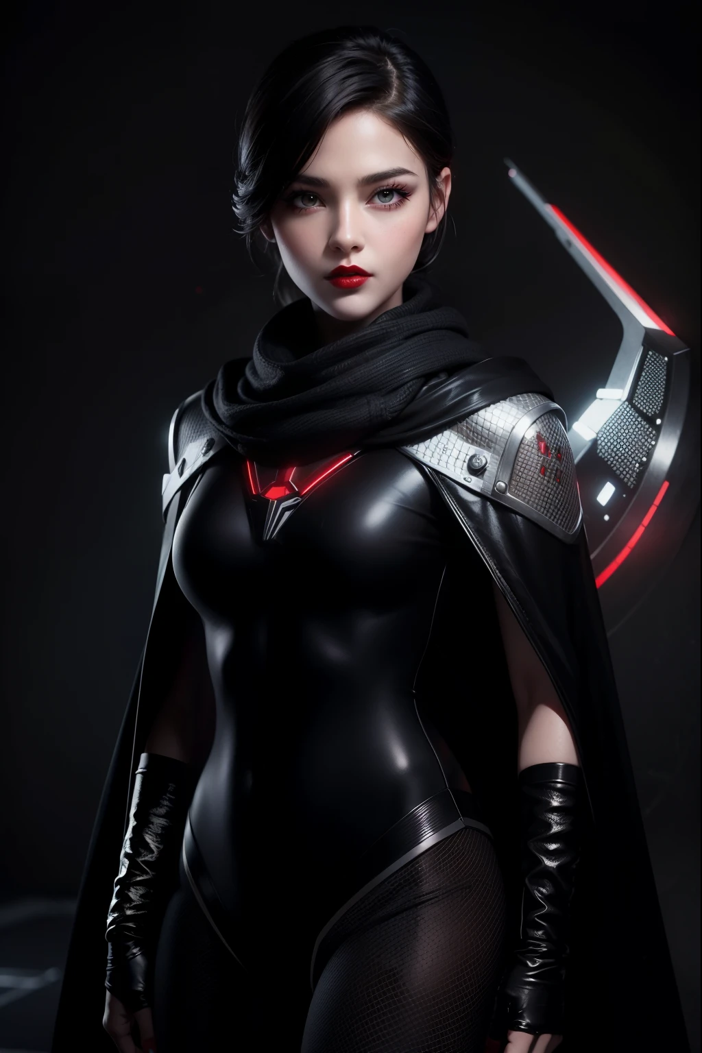 Realistic beauty girl (red lips), in short sci-fi combat plugsuit with high scarf & black cape, cinematic pose, sharp focus, masterpiece, ultra quality