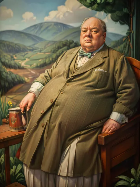 1935, massachusetts mountain village. Pre-raphaelite ((((65-year-old)) extremely fat, 600 pounds heavy Winston Churchill), in th...