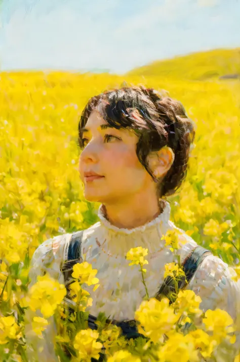there is a woman standing in a field of yellow flowers, in a field of blooming flowers,Claude Monet风格的画布杰作, Claude Monet,A middl...