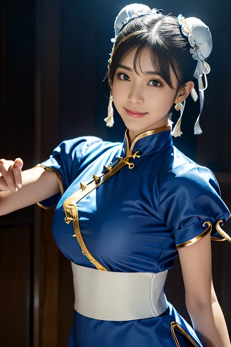 Chun-Li from Street Fight II,perfect chun li costume,Blue cheongsam with gold lines,Bun head,bun cover,fighting pose,masterpiece...