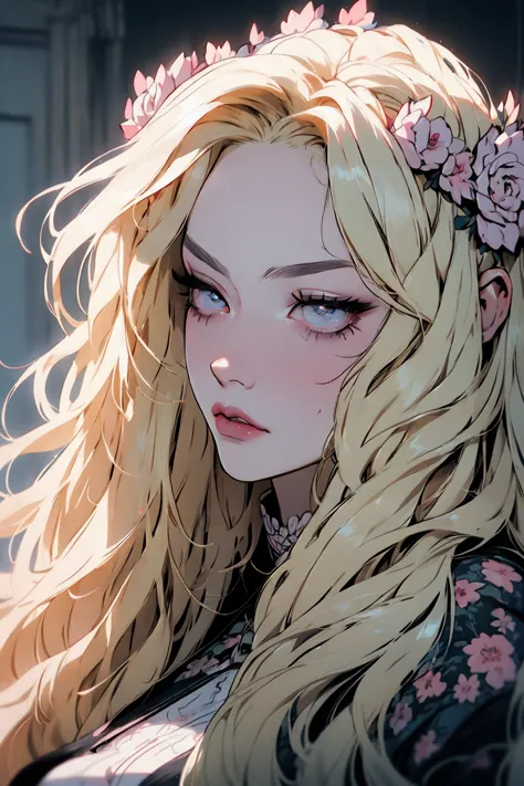 hyper-realistic  of a mysterious woman with flowing blond hair, piercing gray eyes, and a delicate floral crown, , upper body