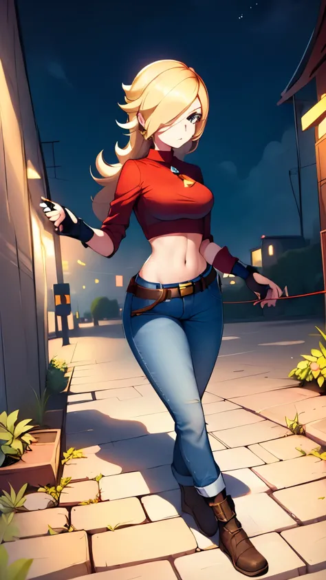 Rosalina wearing a red top, jeans, fingerless gloves, holding a chain line