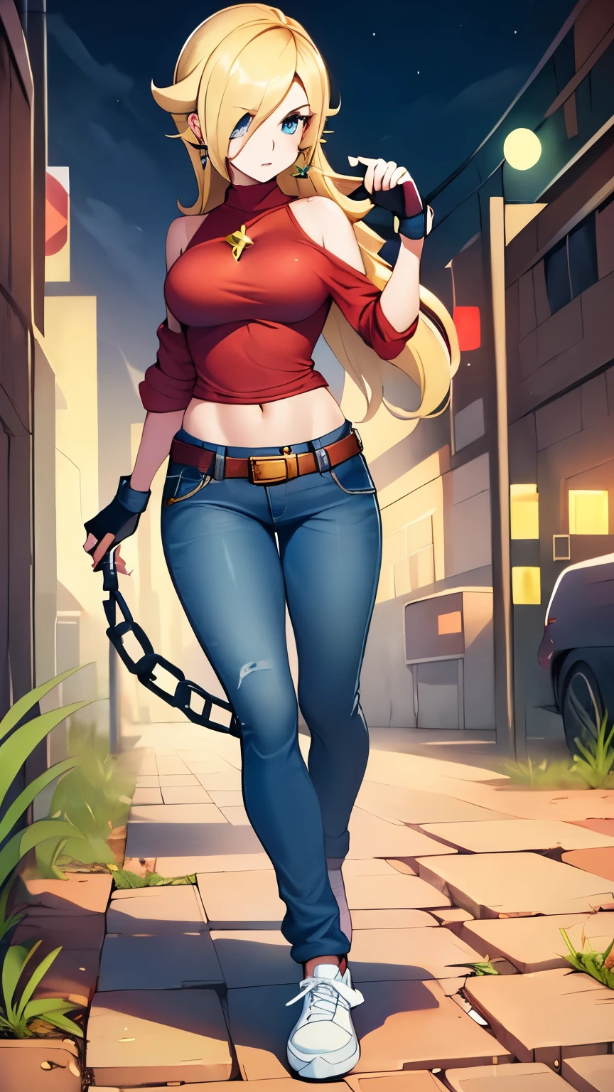 Rosalina wearing a red top, jeans, fingerless gloves, holding a chain line