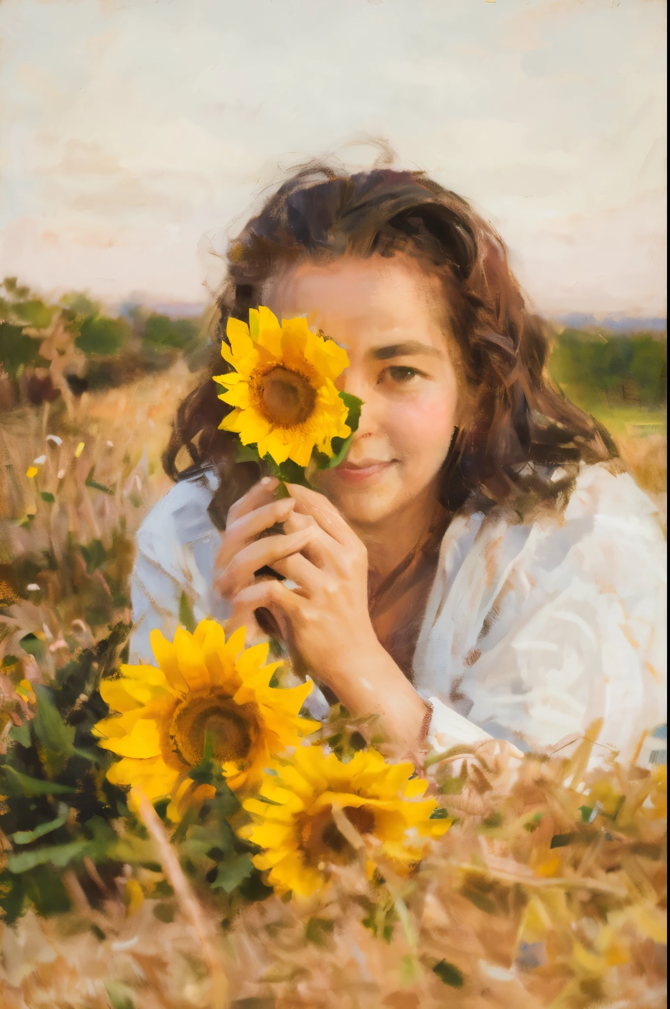 there is a woman laying on a hay field with a bunch of sunflowers,masterpiece on canvas in the style of Claude Monet, ClaudeMonet,A middle-aged brunette woman, ssmile, Extremely beautiful, Detailed landscape, Hyper-realistic, Elements of symbolism and surrealism, intricatedesign, Foliage, florals, landscape, pastel colour, Blue details, pink details, The woman looked at the audience, Directly on the camera.