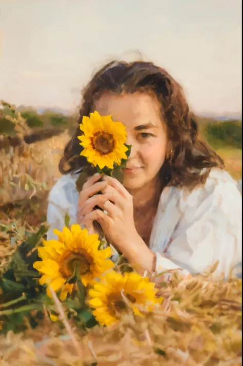 there is a woman laying on a hay field with a bunch of sunflowers,masterpiece on canvas in the style of Claude Monet, ClaudeMonet,A middle-aged brunette woman,Extremely beautiful, Detailed landscape, Hyper-realistic, Elements of symbolism and surrealism, i...