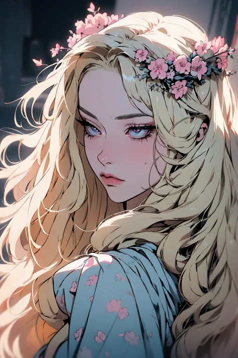 hyper-realistic  of a mysterious woman with flowing blond hair, piercing gray eyes, and a delicate floral crown, backwards, look...