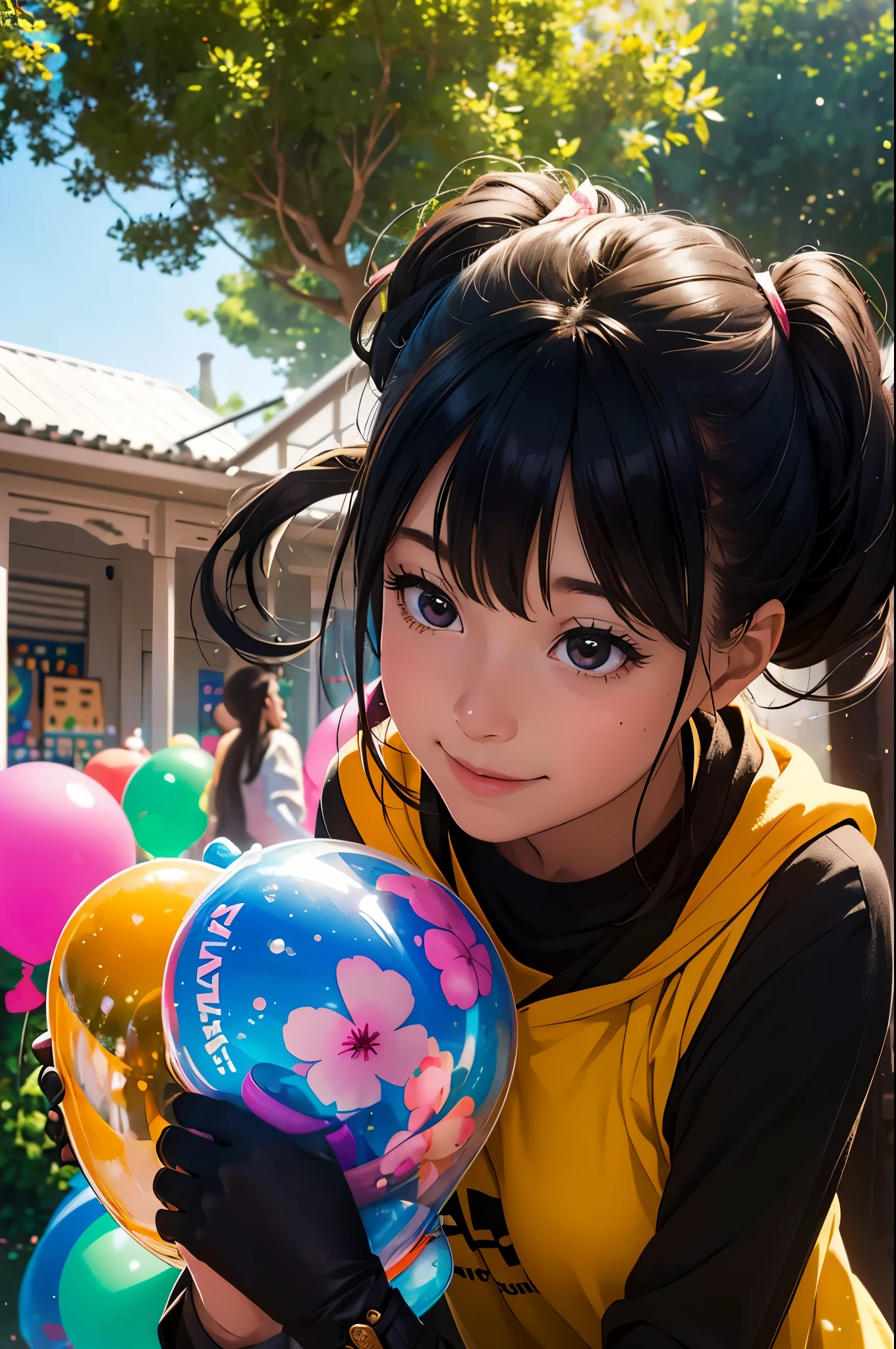 A girl with a zoo, lots of balloons, happy, happy, (best quality, 4k, highres, masterpiece:1.2), (sharp focus:1.2), (messy house:0.8), (realistic:1.2), (bokeh), (vivid colors) Note: "A girl with a zoo" describes the main subject of the image, which is a girl who owns a zoo. In the zoo, there are various animals and exhibits. The girl is happy and there are lots of balloons representing the joyful atmosphere. The image should have the best quality, with sharp focus on the girl and the animals. The house around the zoo can be messy to add a touch of reality. The image should have realistic colors and bokeh effect, creating a vivid and dreamy atmosphere.