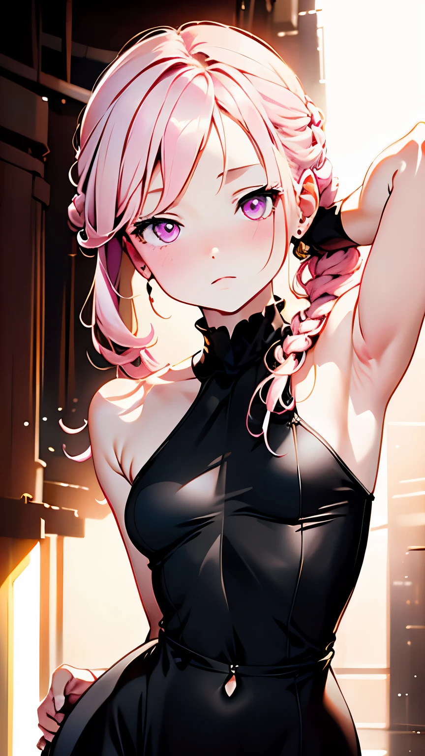 (best quality, high resolution, high resolution, movie-like lighting, professional photographer), bright watercolor-style background, one girl, 16 talents, anatomy, small face, small nose, light pink eyes, loosely braided low ponytail, light pink hair, small breasts, black open-neck dress, random pose