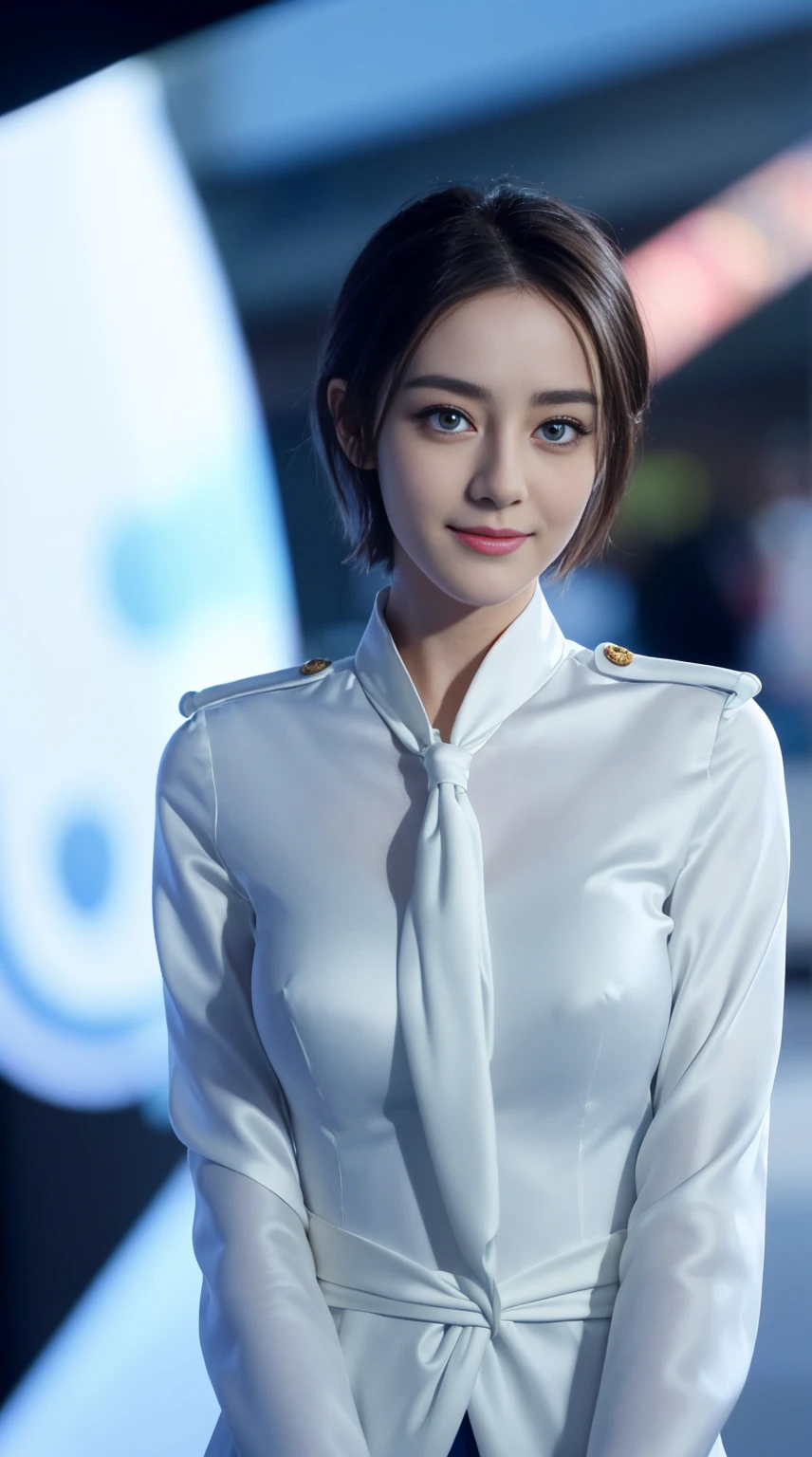 8K, Top Quality, Intricate Details, Ultra Detail, Ultra High Resolution, Masterpiece, random angle, Slender, Smile, (Makeup: 0.4), (Fluffy Blue Eyes: 1.21), deep blue Eyes, looking at viewer, ((full body)), 1girl (most beautiful Dilraba Dilmurat), solo, 1 girl, (( full body)), close up shot, , ((tall)), (((fit body))), (((slim face))), sharp face, sharp eyes, ((( stewardess knot short hair, random color hair, )) , (detailed face), sharp face, small lips, (( )), (( push up bra)), detailed face, detailed breast, , large breast, detail ass, , Beautiful girl with accentuated slender abs: 1.4, Six Pack Abs: 1.4, Bust Botox, Big, Perfect Body, detail leg, (( Airport)), Airport, (((see the whole body))), ((China Airline, stewardess uniform, inner white silk blouse, name tag)), sweet smile,