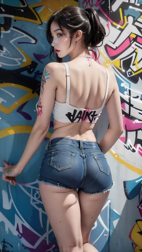 masterpiece, best quality, 1 girl, alone, crop top, Denim shorts, collar, (Graffiti:1.5), paint splatter, Put your arms behind your back, against the wall, looking at the audience, armband, thigh strap, Apply to body, head tilt, boring, colorful hair, aqua...