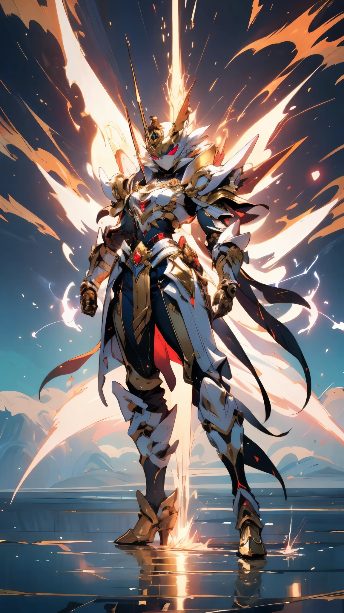 A woman adorned in fantasy-style full-body armor, a crown-concept fully enclosed helmet that unveils only her eyes, a composite layered chest plate, fully encompassing shoulder and hand guards, a lightweight waist armor, form-fitting shin guards, the overall design is heavy-duty yet flexible, ((the armor gleams with a golden glow, complemented by red and blue accents)), exhibiting a noble aura, she floats above a fantasy-surreal high-tech city, this character embodies a finely crafted fantasy-surreal style armored hero in anime style, exquisite and mature manga art style, (mixture of Queen bee and Spider concept Armor, plasma, blood), ((Element, energy, elegant, goddess, femminine:1.5)), metallic, high definition, best quality, highres, ultra-detailed, ultra-fine painting, extremely delicate, professional, anatomically correct, symmetrical face, extremely detailed eyes and face, high quality eyes, creativity, RAW photo, UHD, 32k, Natural light, cinematic lighting, masterpiece-anatomy-perfect, masterpiece:1.5