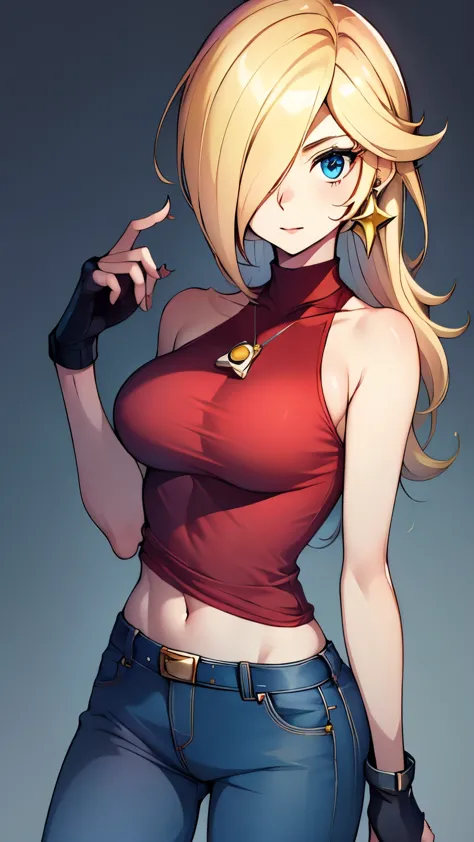 rosalina vestindo um top vermelho, jeans, luvas sem dedos, segurando uma linha de corrente