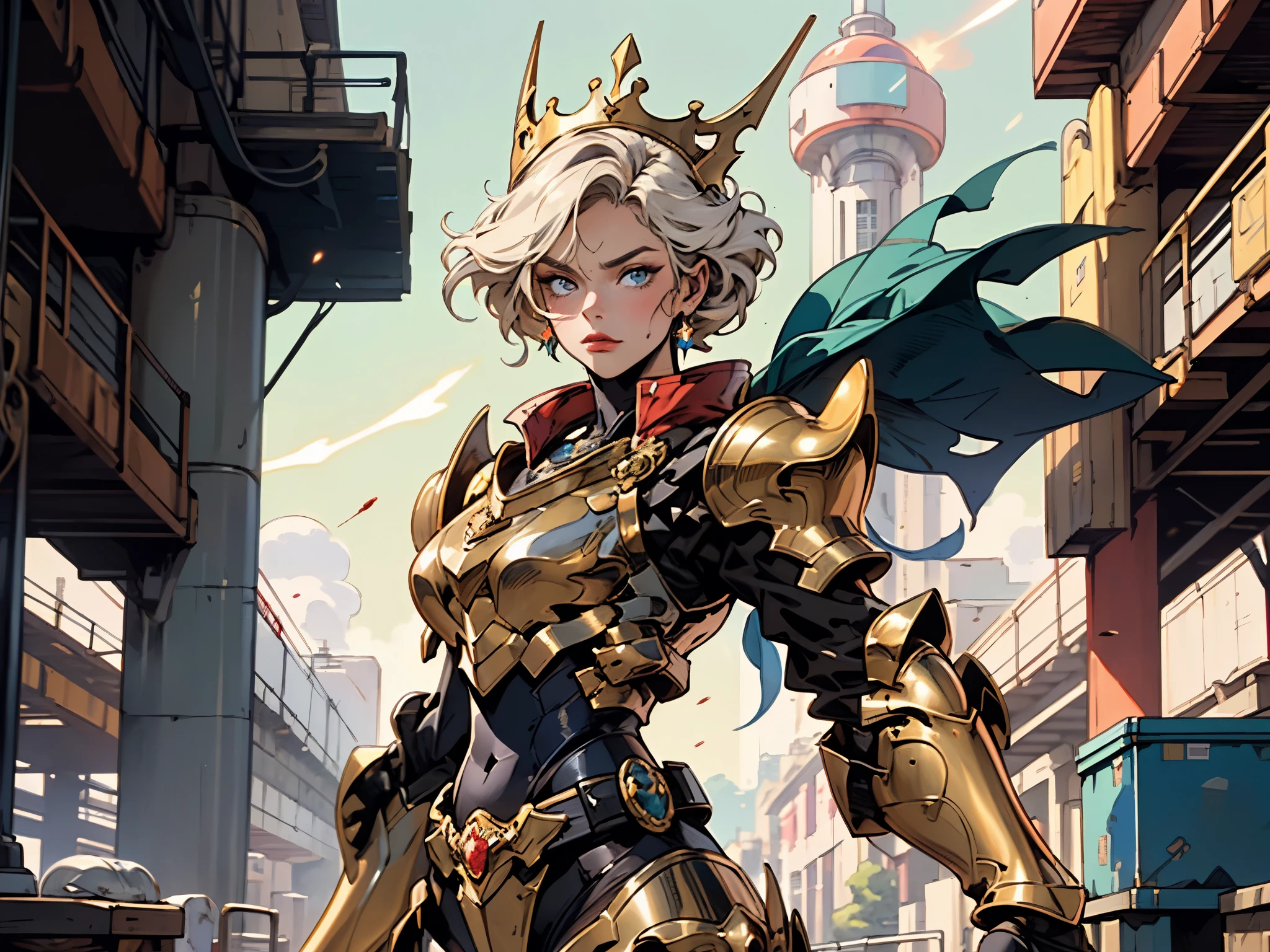 A woman adorned in fantasy-style full-body armor, a crown-concept fully enclosed helmet that unveils only her eyes, a composite layered chest plate, fully encompassing shoulder and hand guards, a lightweight waist armor, form-fitting shin guards, the overall design is heavy-duty yet flexible, ((the armor gleams with a golden glow, complemented by red and blue accents)), exhibiting a noble aura, she floats above a fantasy-surreal high-tech city, this character embodies a finely crafted fantasy-surreal style armored hero in anime style, exquisite and mature manga art style, (mixture of Queen bee and Spider concept Armor, plasma, blood), ((Element, energy, elegant, goddess, femminine:1.5)), metallic, high definition, best quality, highres, ultra-detailed, ultra-fine painting, extremely delicate, professional, anatomically correct, symmetrical face, extremely detailed eyes and face, high quality eyes, creativity, RAW photo, UHD, 32k, Natural light, cinematic lighting, masterpiece-anatomy-perfect, masterpiece:1.5