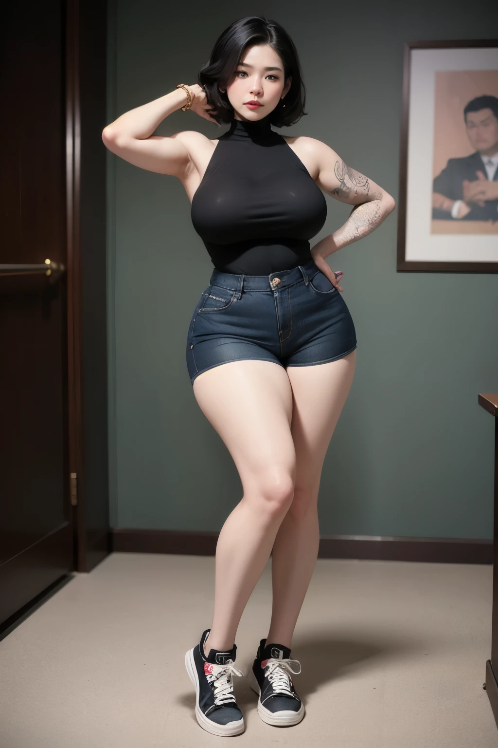 A woman in high waisted shorts and a black top posing for a picture -  SeaArt AI