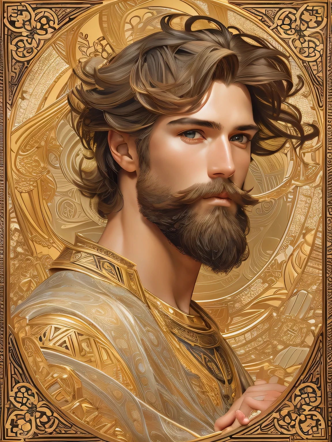 high quality, super realistic, Envision a hyper-realistic composition that seamlessly integrates the exquisite detail of elegant bearded man with the dreamlike elegance of Alphonse Mucha, creating a insanely handsome man's portrait where realism and Art Nouveau mystique converge, An extremely seductive masculine and handsome man is depicted against a backdrop of golden swirling patterns inspired by Mucha's iconic golden ornamental designs, The man is adorned in flowing garments that echo Mucha's romantic style, with intricate patterns intertwining seamlessly with the hyper-realistic details of his attire, by yukisakura, highly detailed,