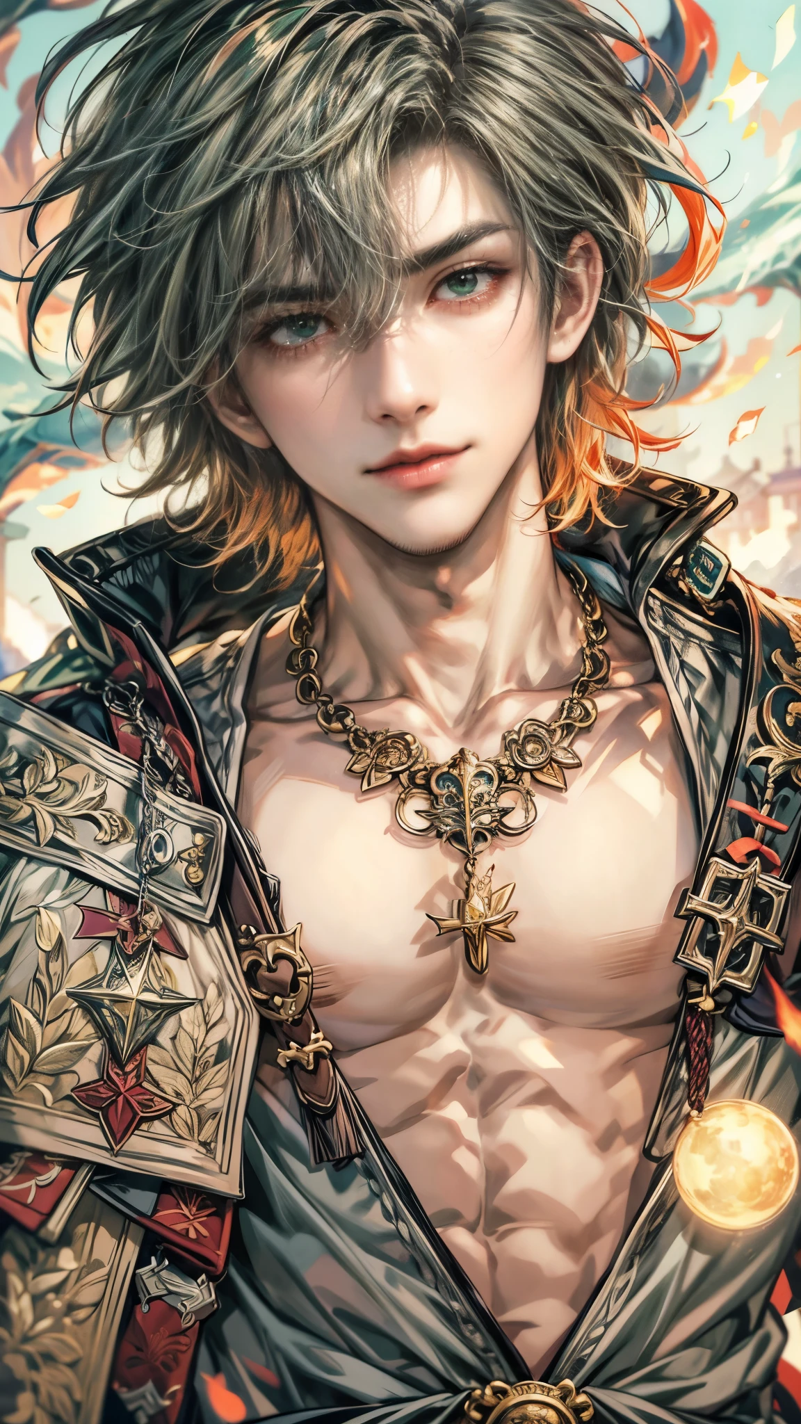 (absurdres, highres, ultra detailed, HDR), masterpiece, intricate details, best quality close-up picture of a character from fire emblem, a character with handsome looks, korean face, original hair, short hair, anime green eyes, smirking face, matured teen, tim Burton theme, topless outfit showing chest, crop top, detailed underworld town setting background, big moon scenery, detailed character, art kenouji