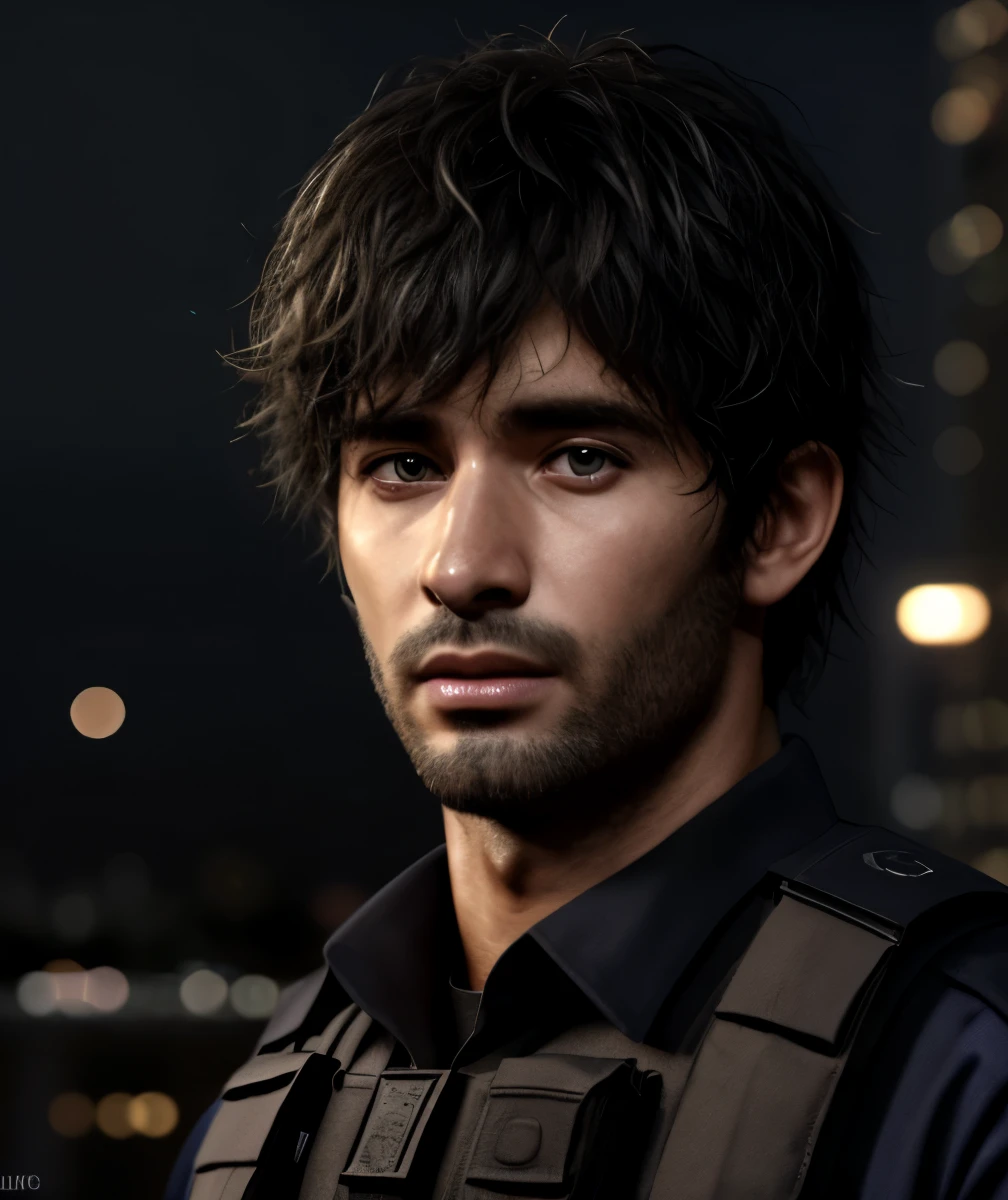 男性1人, 傑作, 4K, 超リアル, 警官, 都市の夜の背景, カルロス・オリベイラ, 肖像画, 黒いもじゃもじゃの髪 