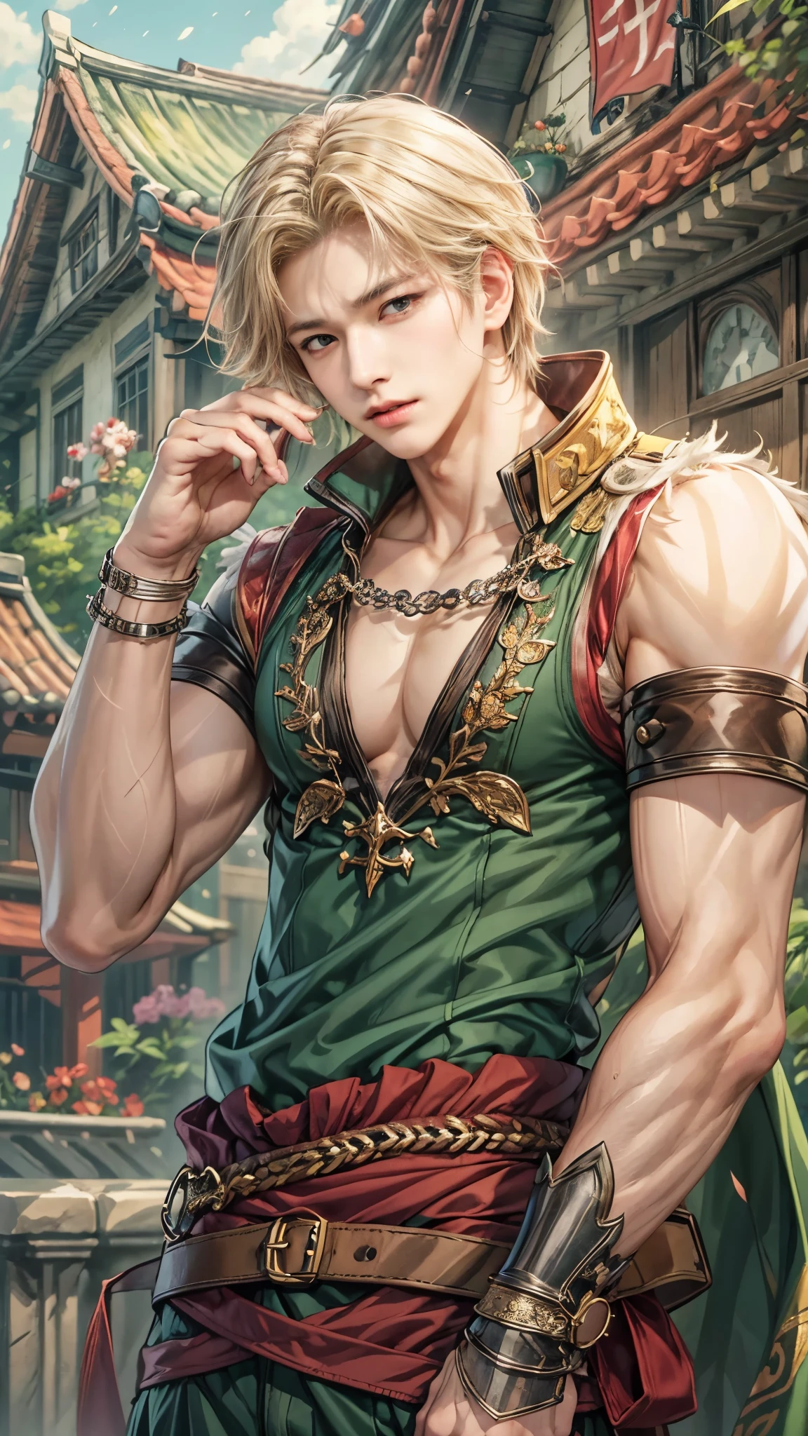 (absurdres, highres, ultra detailed, HDR), masterpiece, intricate details, best quality close-up picture of a character from fire emblem, a character with handsome looks, korean face, original blonde hair, short hair, anime green eyes, smirking face, matured teen, french ambiance theme, topless outfit showing chest, crop top, detailed monstadt town setting background, big moon scenery, detailed character, art kenouji