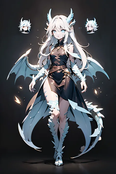 (Highres,4k,highly detailed,best quality),1woman, very long wavy white hair, glowing blue dragon eyes, pale blue dragon scales on her body, glowing tribal markings on her face, slender and tall, determined face, very long ornate black gothic black and whit...