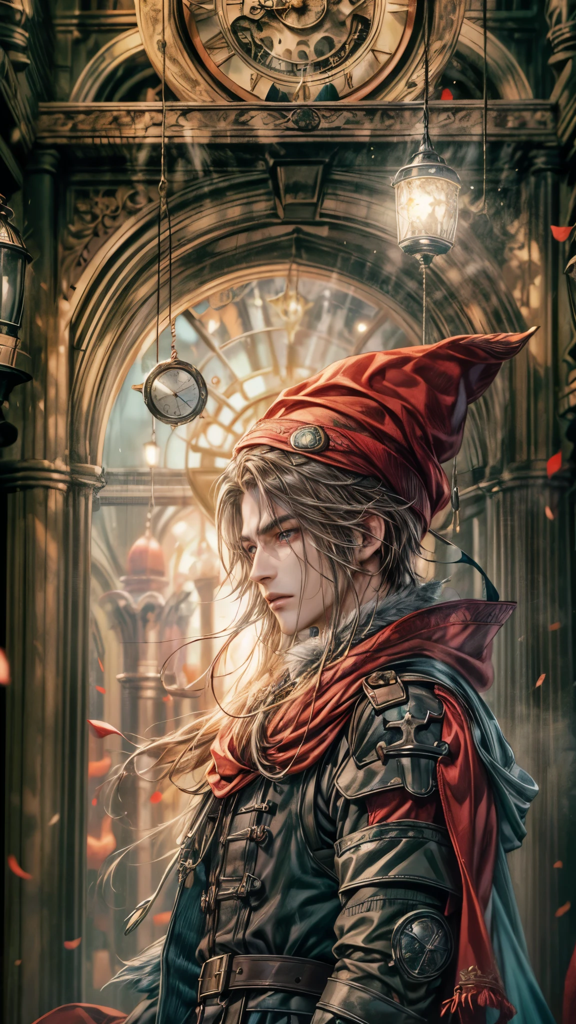 (absurdres, highres, ultra detailed, HDR), masterpiece, intricate, best quality, portrait of a handsome villain from Final Fantasy IX, original hair, short hair, korean face, anime eyes, mage outfit , wearing detailed circlet, detailed interiors of a clockwork shop, night time showing big moon in the windows , detailed character