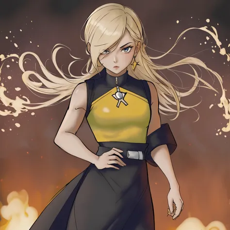 version female of Scorpion from MKII, blonde woman, Scorpion outfit, Rosalina look a like, yellow classic outfit,