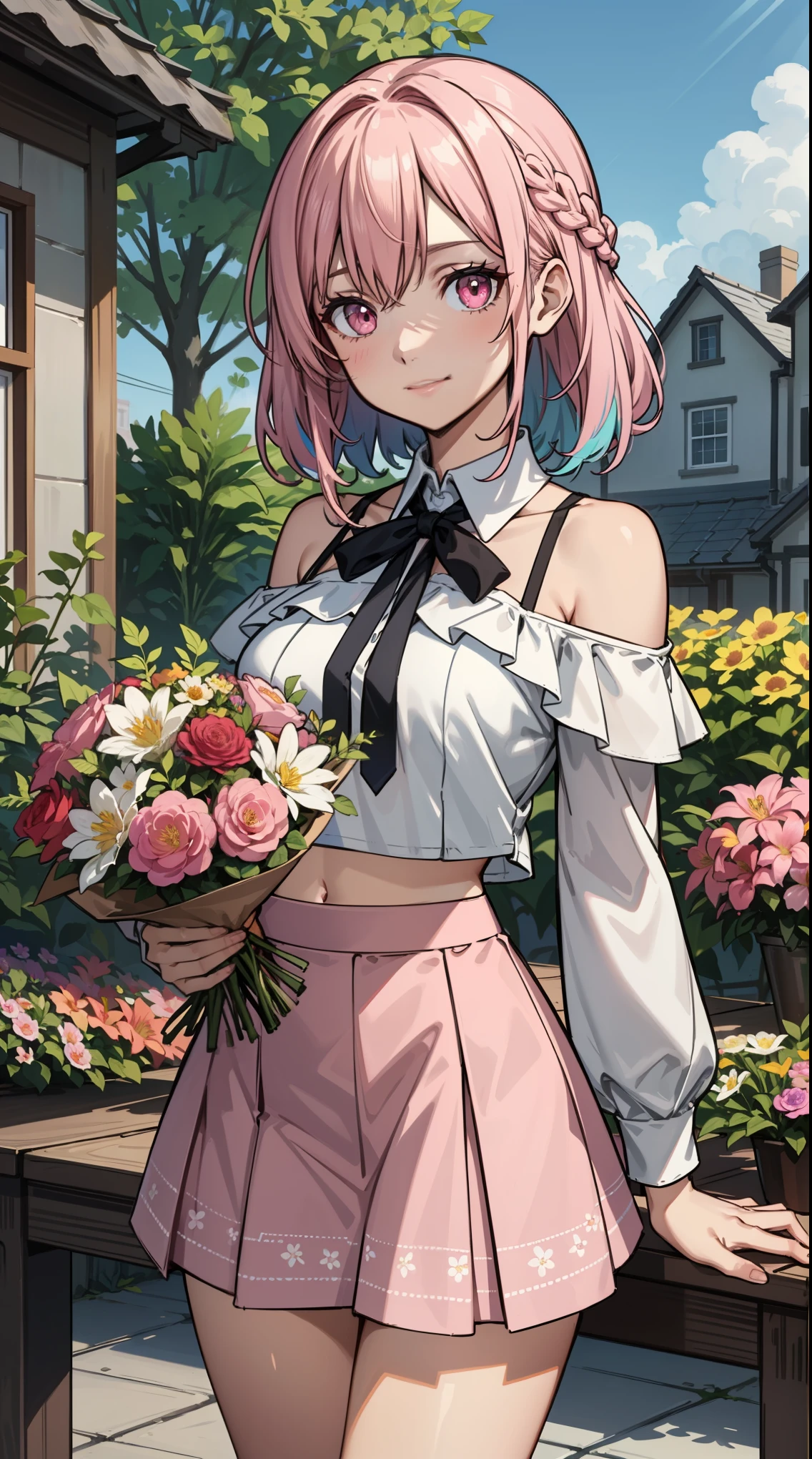 Anime girl with pink hair and a white blouse holding a bouquet of flowers -  SeaArt AI