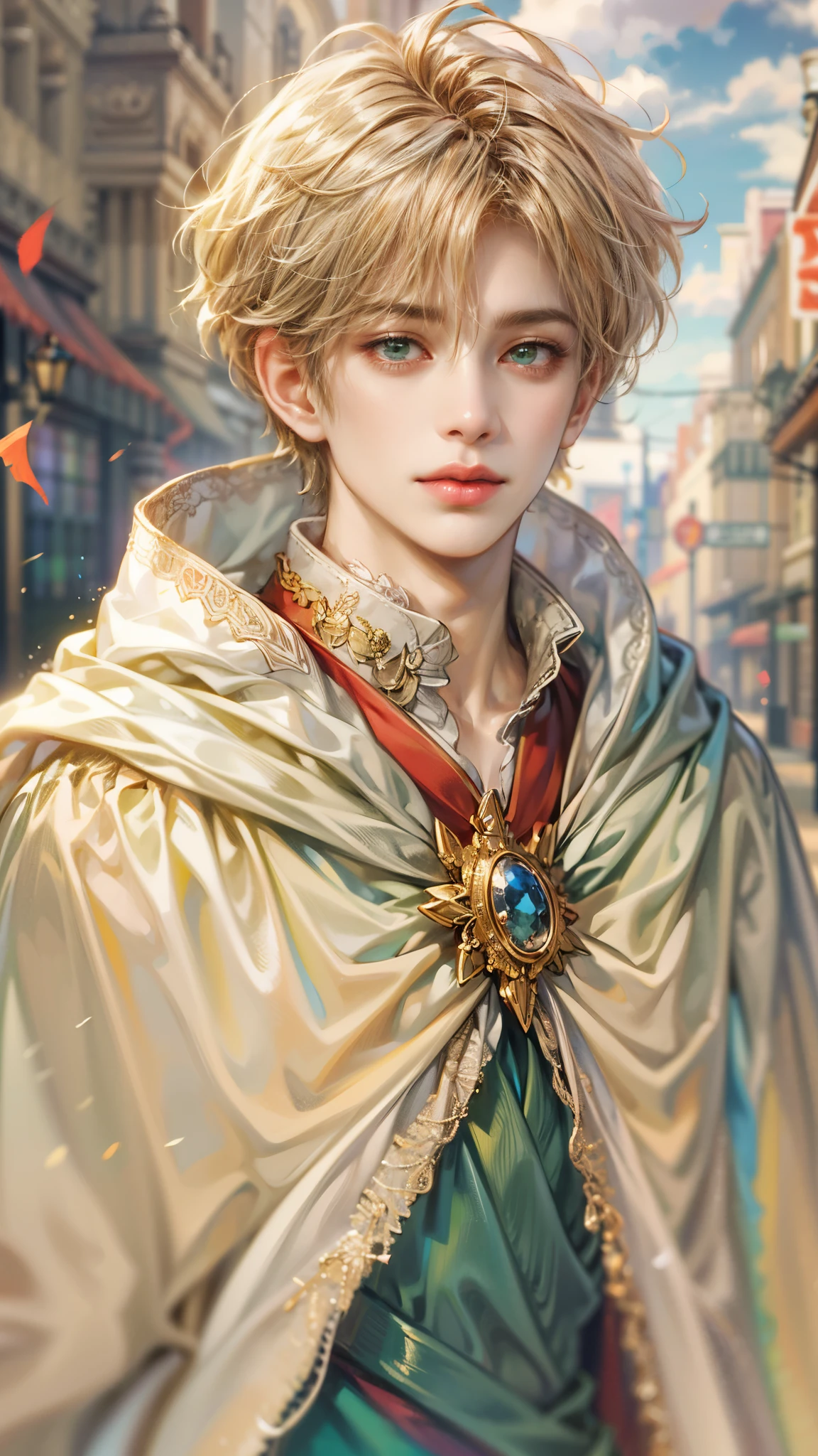 (absurdos, alta resolución, Ultra detallado, hdr), Obra maestra, detalles intrincados,Imagen de mejor calidad de un personaje de Octopath Traveler., Chico adolescente guapo con color de pelo aleatorio entre melocotón., albaricoque, Bígaro, crema, rojo, blue, verde, Naranja, amarillo, o morado, anime eyes, Conjunto en topless que muestra el pecho con capa en un color aleatorio, paisaje detallado de la ciudad, personaje detallado, Arte Kenouji