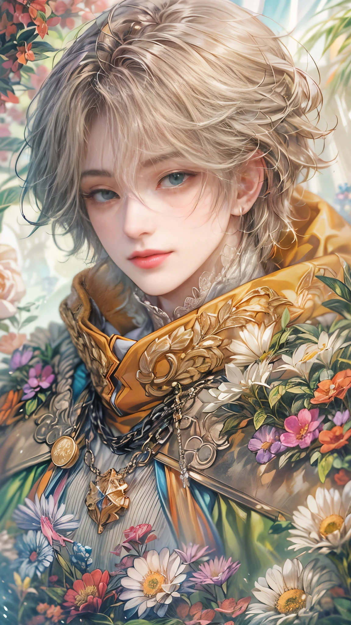 (absurdres, highres, ultra detailed, HDR), masterpiece, Intricate details,best quality picture of a character from Octopath Traveler, handsome teen boy with random Hair color between peach, apricot, periwinkle, cream, red, blue, green, orange, yellow, or purple, anime eyes, Hero Outfit showing Chest with cape in a random color, detailed outside garden cathedral scenery, detailed character, art kenouji