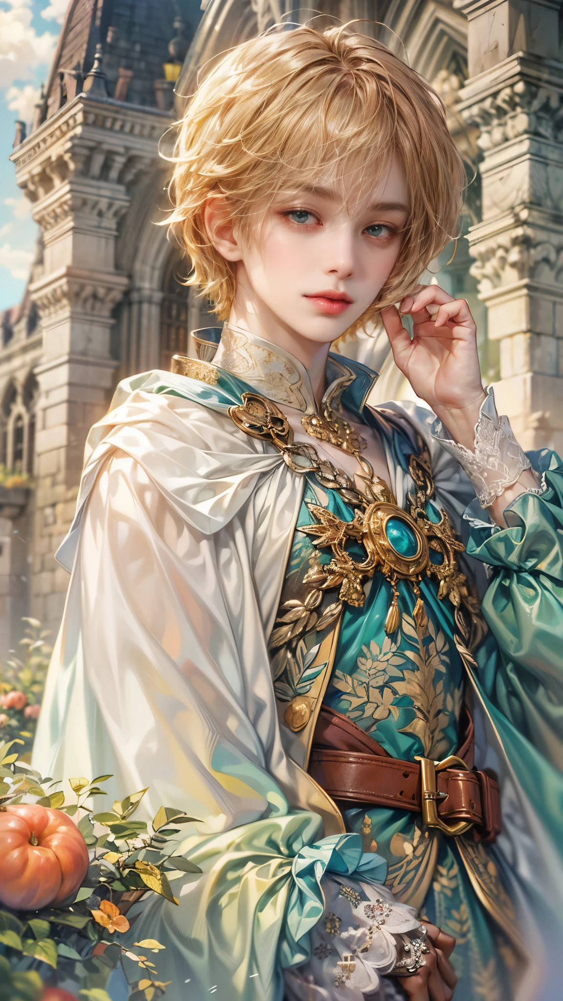 (absurdres, highres, ultra detailed, HDR), masterpiece, Intricate details,best quality picture of a character from Octopath Traveler, handsome teen boy with random Hair color between peach, apricot, periwinkle, cream, red, blue, green, orange, yellow, or purple, anime eyes, Hero Outfit showing Chest with cape in a random color, detailed outside garden cathedral scenery, detailed character, art kenouji