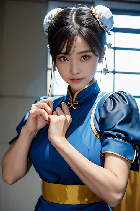 chun-li from street fight ii,perfect chun li costume,blue cheongsam with gold lines,bun head,bun cover,fighting pose,masterpiece...