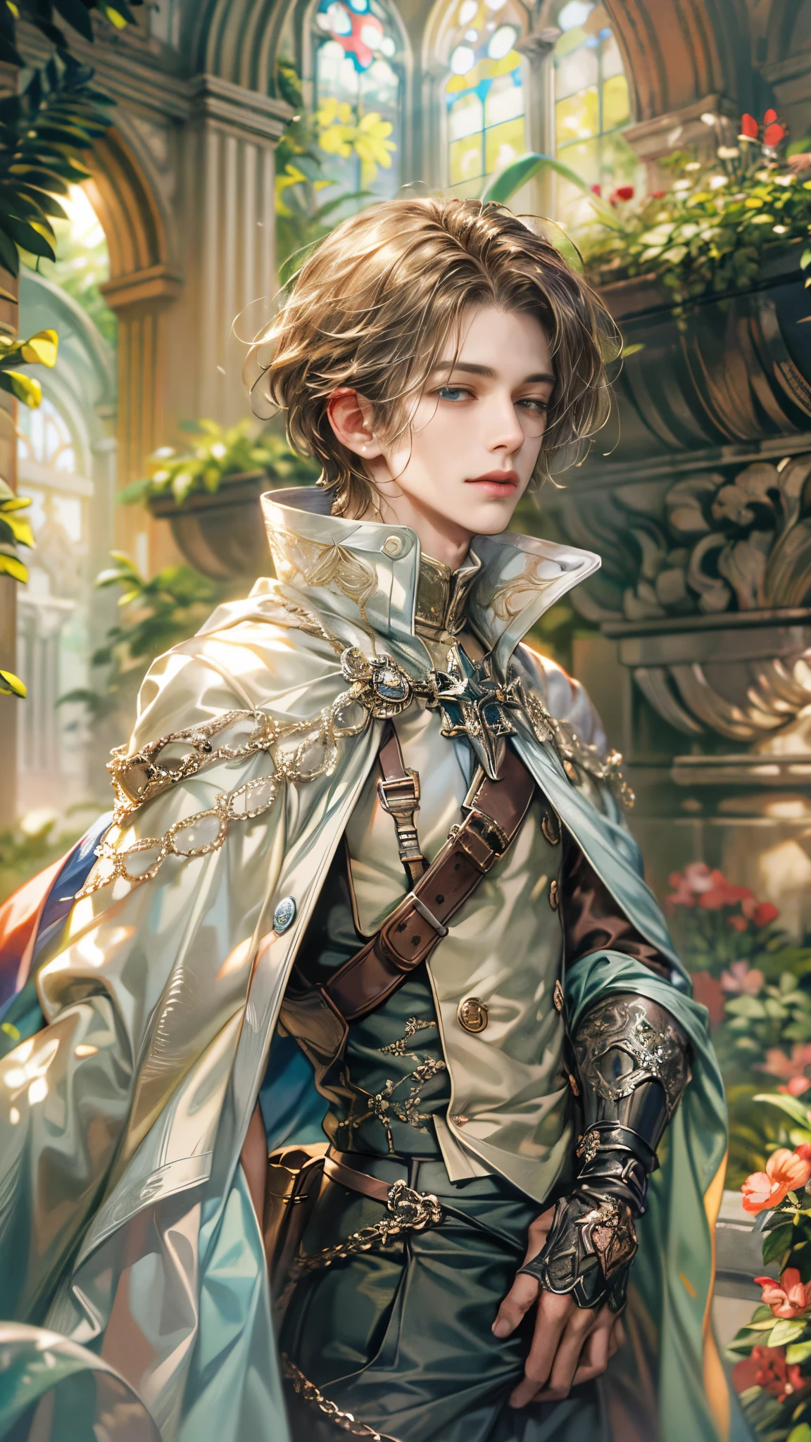 (absurdres, highres, ultra detailed, HDR), masterpiece, Intricate details,best quality picture of a character from Octopath Traveler, handsome adult boy in tim burton style, anime eyes, Hero Outfit see through showing Chest with cape in a random color, detailed outside garden cathedral scenery, detailed character, art kenouji