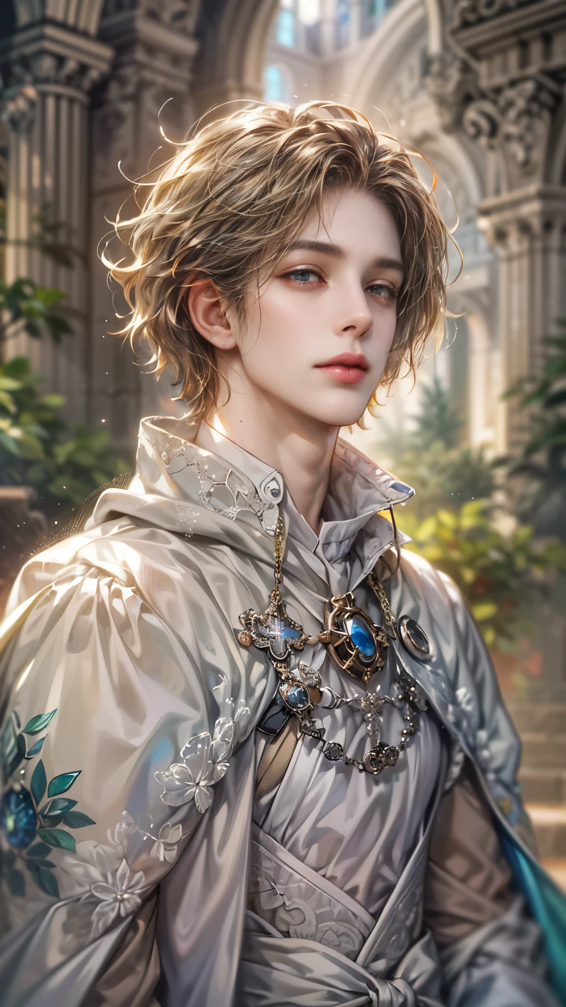 (absurdres, highres, ultra detailed, HDR), masterpiece, Intricate details,best quality close-up picture of a character from Octopath Traveler, handsome adult boy in tim burton style, anime eyes, Hero Outfit see through showing Chest with cape in a random color, detailed outside garden cathedral scenery, detailed character, art kenouji