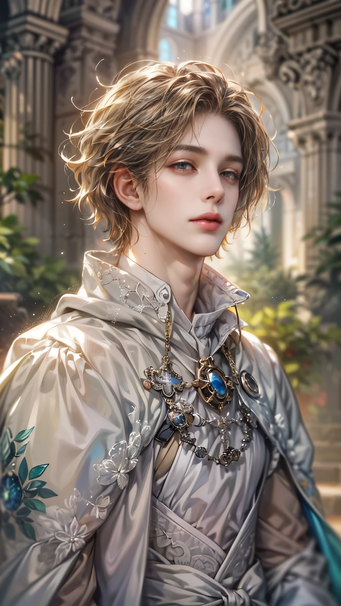 (absurdes, haute résolution, ultra détaillé, hdr), chef-d&#39;œuvre, Détails complexes,photo en gros plan de la meilleure qualité d&#39;un personnage d&#39;Octopath Traveler, beau garçon adulte dans le style Tim Burton, yeux d&#39;anime, Tenue de héros transparente montrant la poitrine avec une cape d&#39;une couleur aléatoire, paysage détaillé de la cathédrale du jardin extérieur, caractère détaillé, Art Kenouji