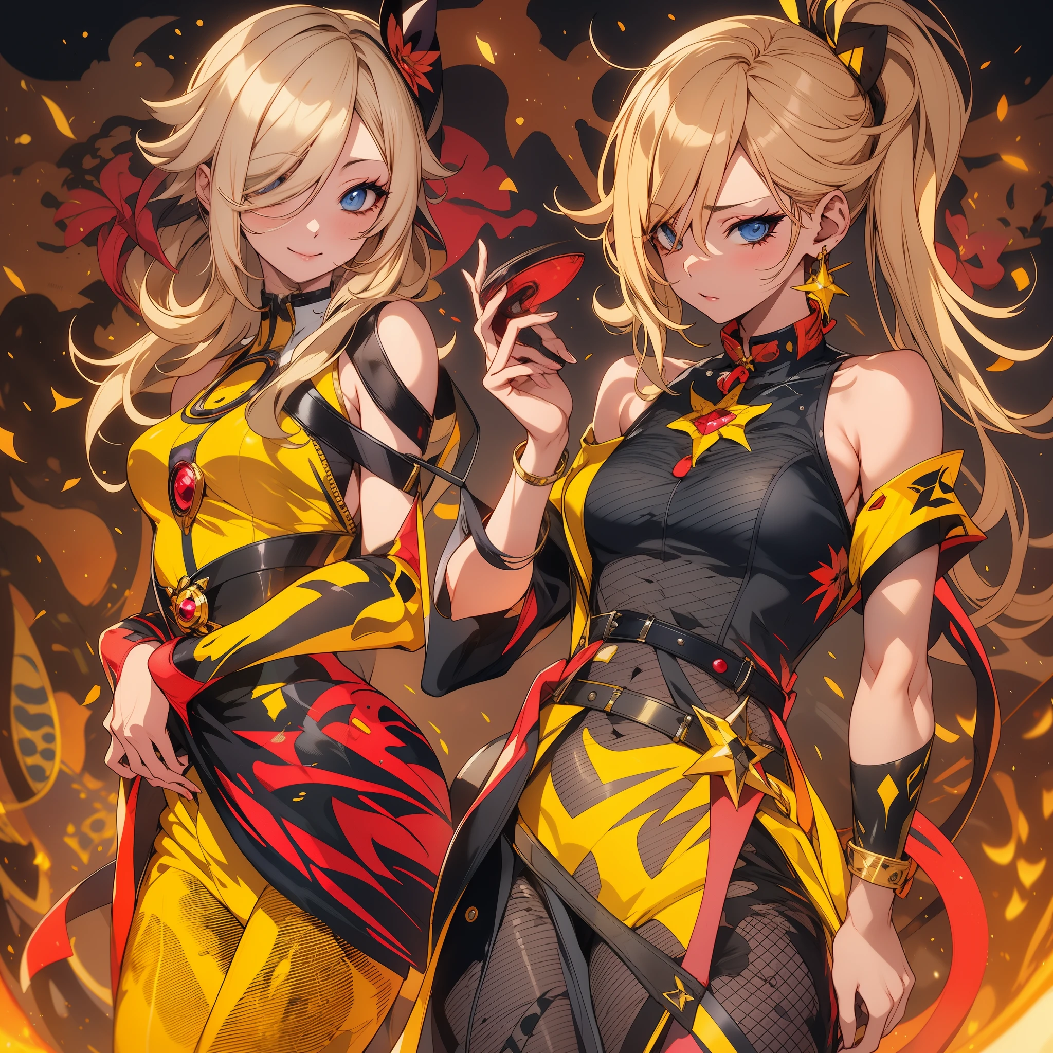 anime - imagem estilo de duas personagens femininas em uma roupa amarela e preta, kda e Sam isso, kda, jazz e rossdraws, guilty equipment strive splash art, Arte oficial, rossdraws e jazz, por Yang J, Keqing de Genshin Impact, estilo anime 4k, wlop e sakimichan