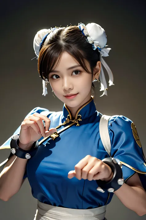 chun-li from street fight ii,perfect chun li costume,blue cheongsam with gold lines,bun head,bun cover,fighting pose,masterpiece...