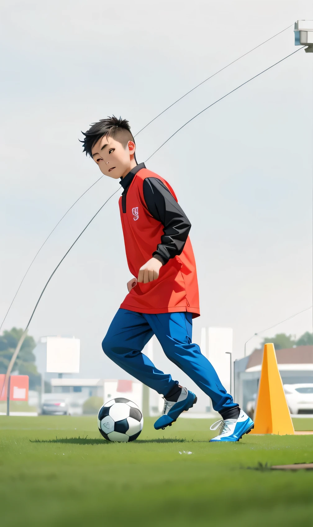 Hay un niño pateando una pelota de fútbol alrededor de un cono - SeaArt AI