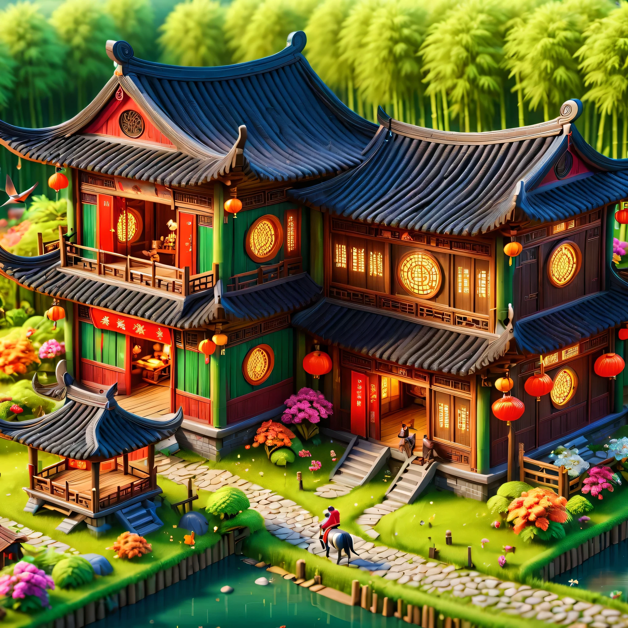 (걸작, 최고의 품질:1.2), 고대 중국 집，밝은 색，전통적인 건물，대나무 숲，검은 기와 지붕，꽃길，3D，(조감도)，((황소仔:1.5))，((보행자))，((황소))，((삼키다))