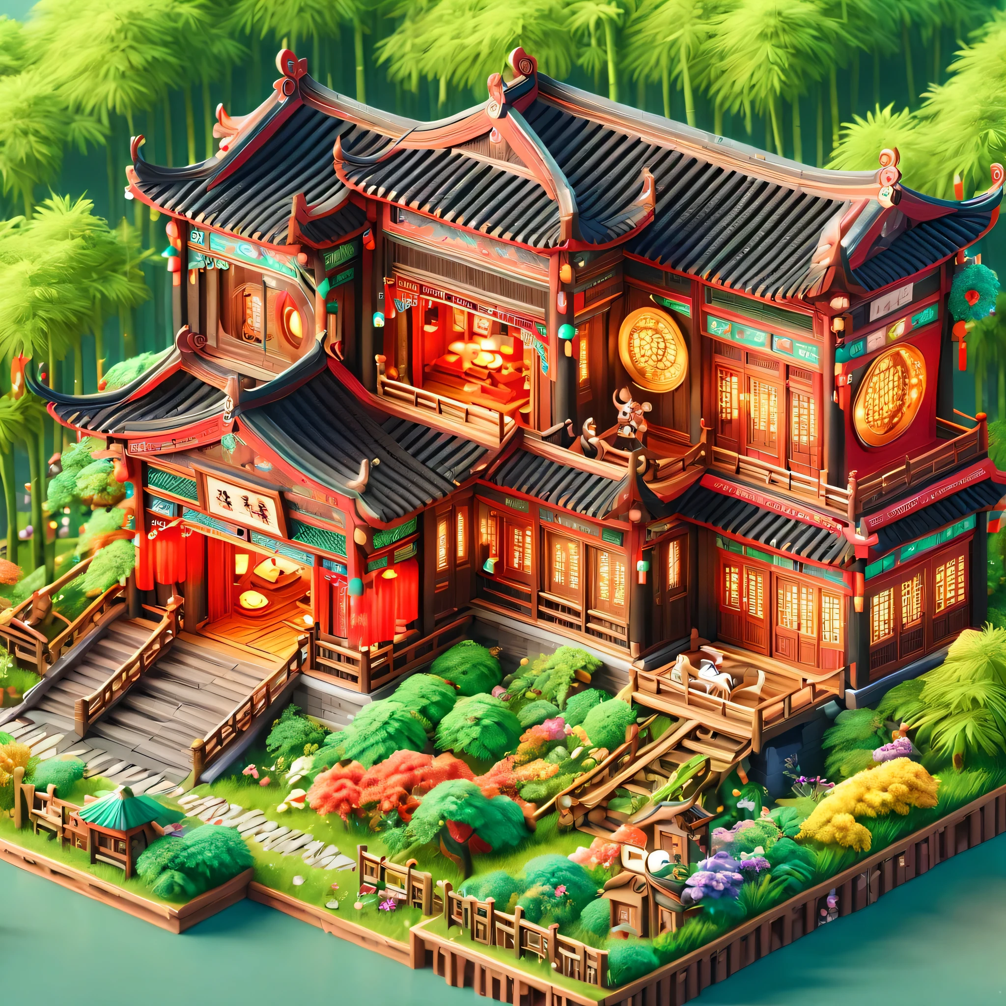 (masterpiece, best quality:1.2), ancient chinese house，bright colors，traditional building，bamboo forest，Black tile roof，Flower path，3d，(Aerial view)，((ox仔:1.5))，((pedestrian))，((ox))，((swallow))