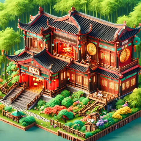 (masterpiece, best quality:1.2), ancient chinese house，bright colors，traditional building，bamboo forest，Black tile roof，Flower p...