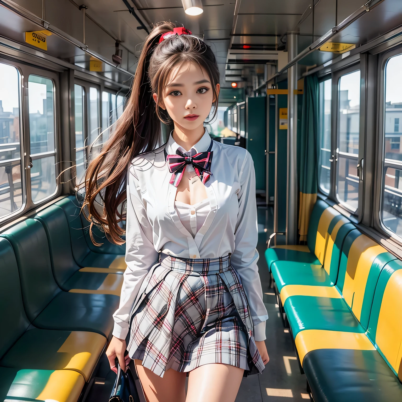 realistic, High resolution, soft light,1 female, alone, waist rises high, (detailed face),(Female student)（(A girl standing in front of a train seat))，colorful hair、shortcut，wear、(White blazer emblem on chest)、(white blouse)(red bow tie)(check skirt),long hair、(ponytail)、((Panty shot)）、（I can see your pants）、