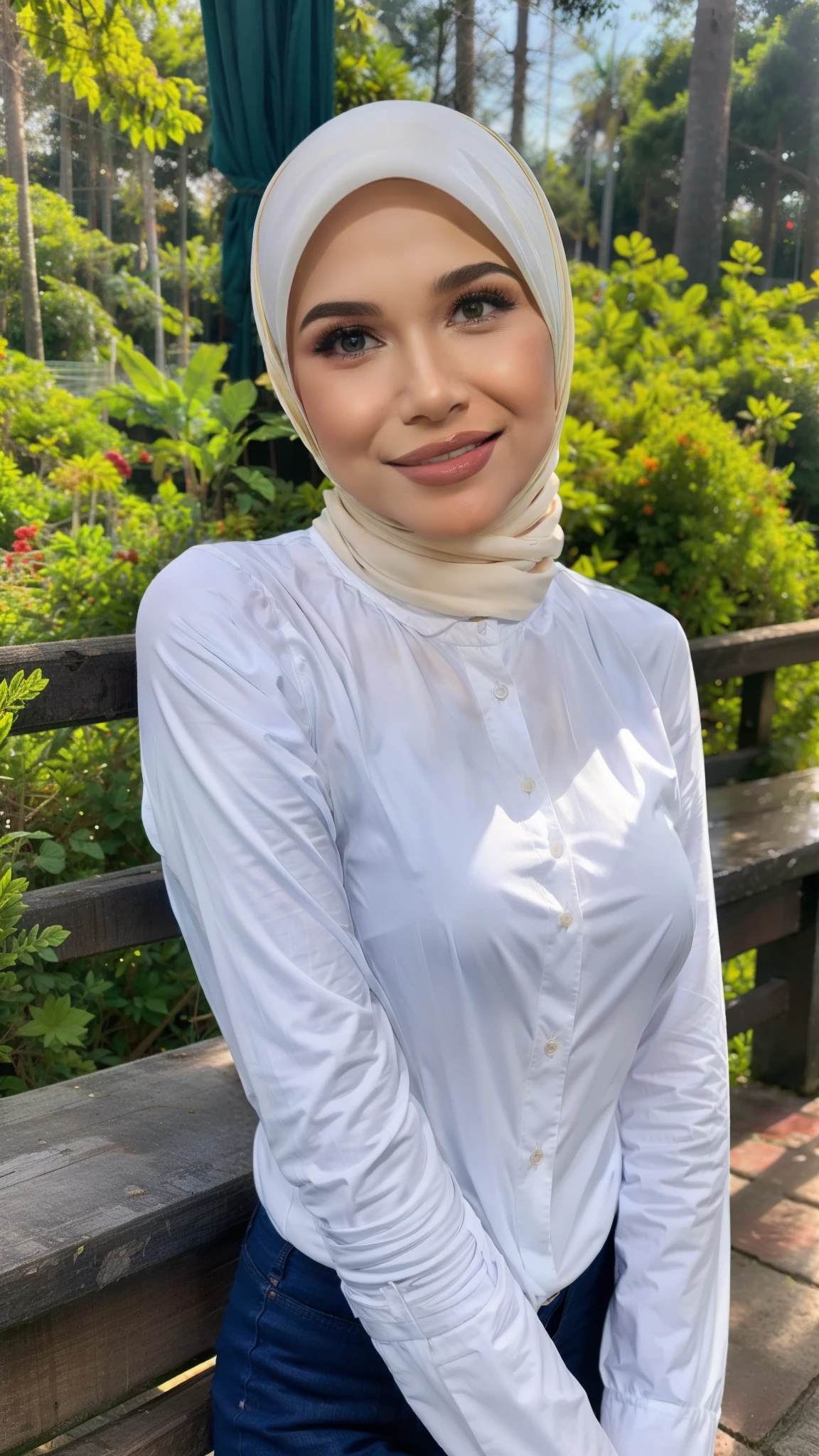 A close up of a woman wearing a white shirt and blue pants - SeaArt AI