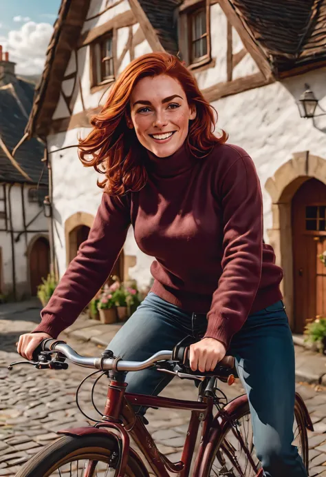 (a scene) of a beautiful 35-year old scottish woman riding her bike through a quiet village. she has reddish-brown hair, light s...