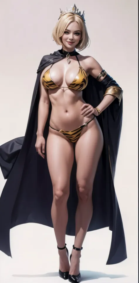 Two long thighs, yellow eyes, blonde hair, short hair, large breasts, detached sleeves, very white background, royal tiara, long cape, yellow tiger bikini, high heels, hands on hips. red tattoo on belly navel, full body female MILF BIMBO, lustful smirking ...