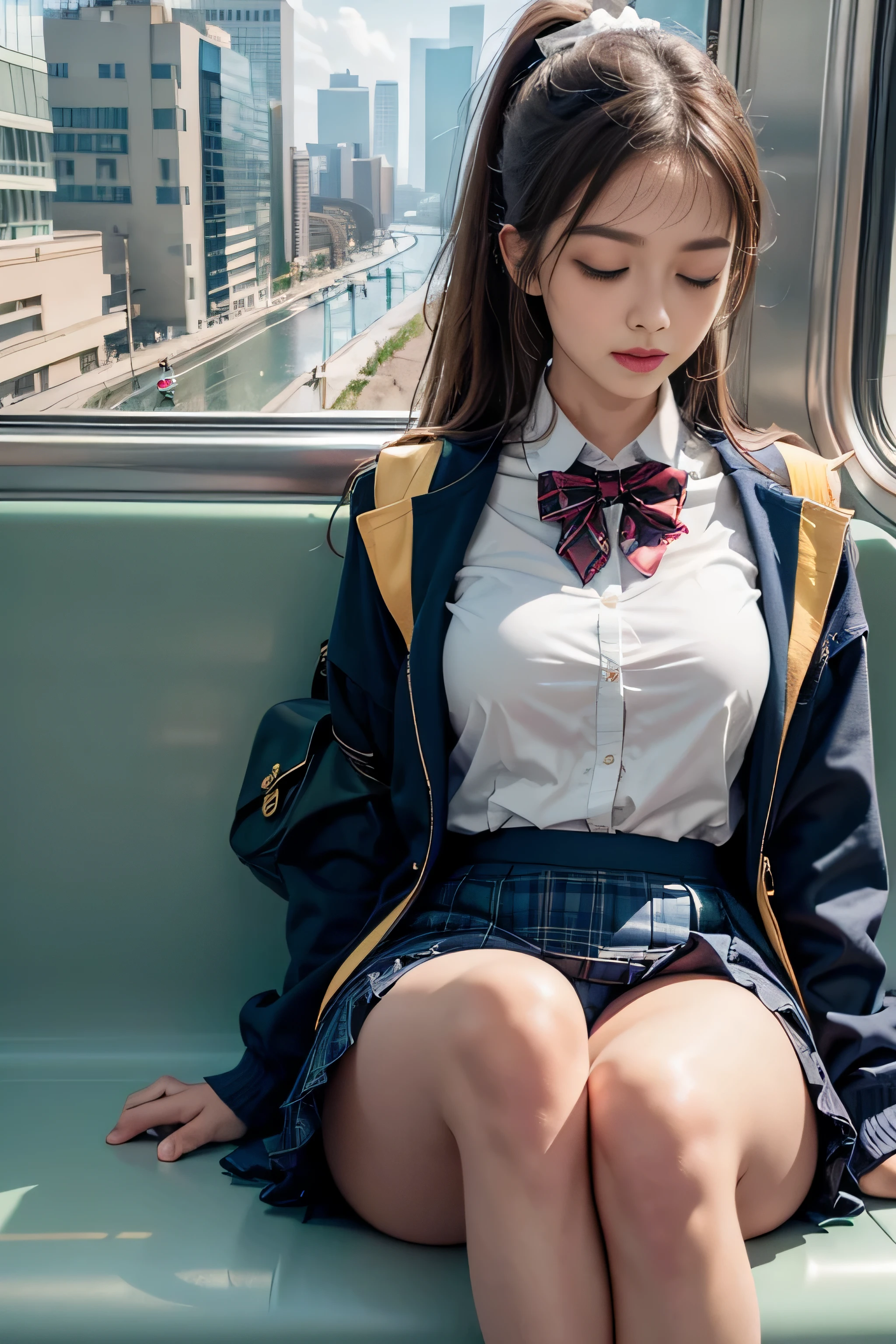 realistic, High resolution, soft light,1 female, alone, waist rises high, (detailed face),(Female student)（(Girl sitting on train))，colorful hair、shortcut，wear、(White blazer emblem on chest)、(translucent white blouse)、(red bow tie)(check skirt),long hair、(ponytail)、((Panty shot)）、（You can see the white lace panties）、(close your eyes),(legs open)