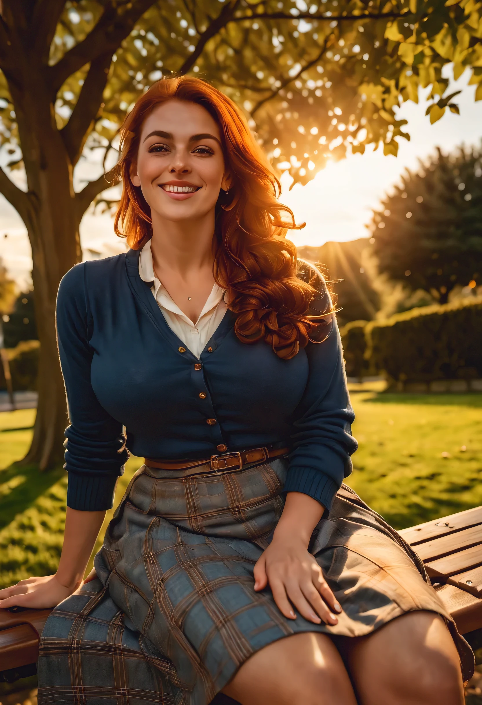 (high camera angle:1.5) of a beautiful 30-year old Scottish woman sitting on a park bench, one leg over ther other, her arm stretched to the side to rest on the backrest. Late afternoon, golden light. she has reddish-brown hair, light skin and freckles, (black eyebrows:0.8), and high cheekbones, (brown eyes:1.2), (downturned eyes), voluptuous, massive breasts, (smile:0.8). She is wearing a blue cardigan and a tweed skirt. (Highly detailed, intricate, best quality, 8k), (photorealistic), (high camera angle:1.5),
